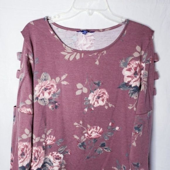 Apt. 9 Mauve Floral Cage Long Sleeve Shark Bite Blouse Top Women's Size XXL - Picture 3 of 11